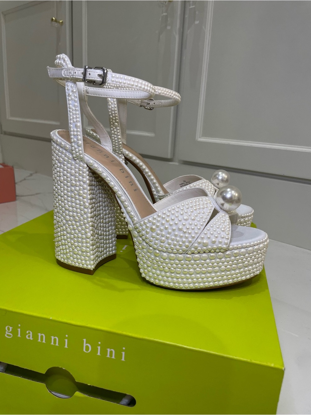 Gianni Bini White Pearl-Studded Platform Sandals